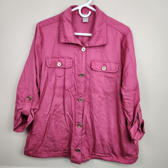 Chico's Jacket Chunky Button Up Boho Lagenlook Layer Salmon Gold Pink SZ 12/14 - Picture 1 of 13